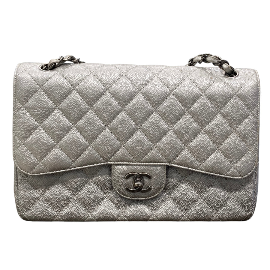 CHANEL 香奈兒 MATELASSE 30 菱格紋經典雙蓋口肩背包 荔枝牛皮 銀色 銀扣