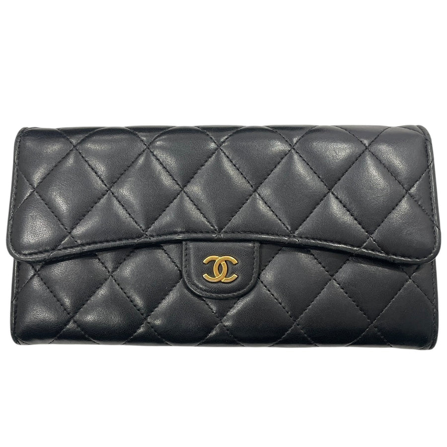 CHANEL 香奈兒 MATELASSE 長夾 羊皮 黑色 金釦
