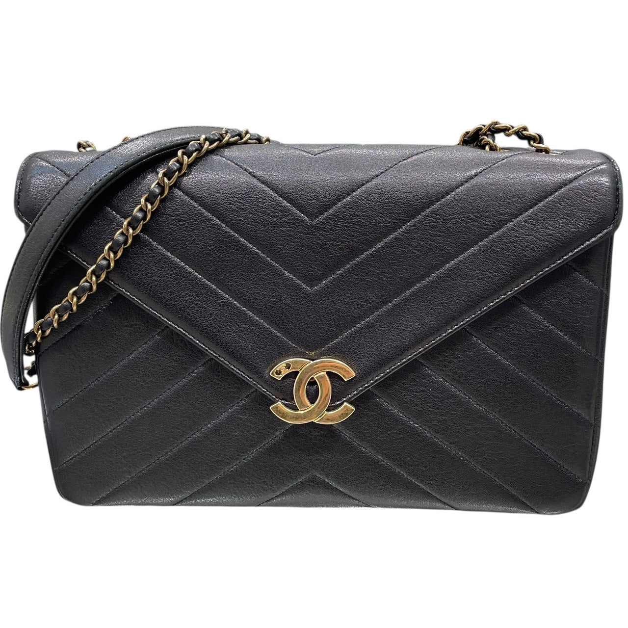 CHANEL 香奈兒 山型紋信封包  皮革 黑色 金釦