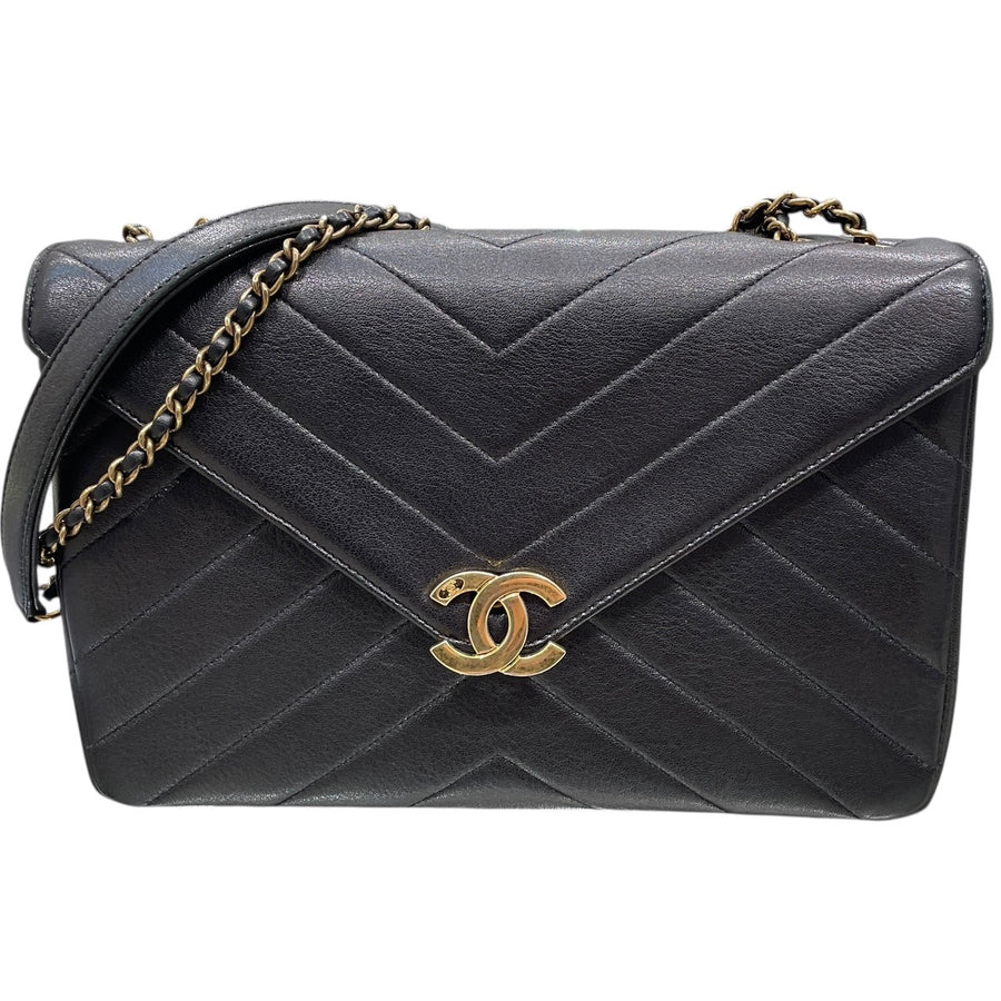 CHANEL 香奈兒 山型紋信封包  皮革 黑色 金釦