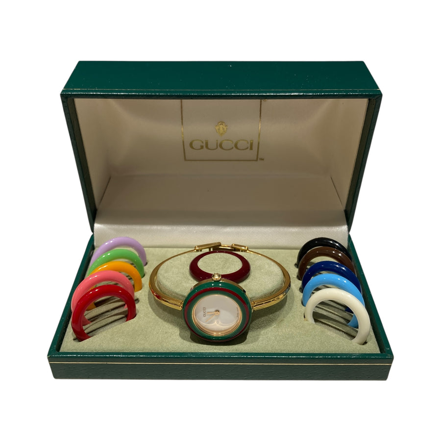 GUCCI 古馳 CHANGE BEZEL 11/12.2 百變膠圈手鐲錶 石英錶