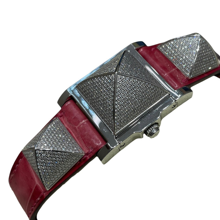 HERMES 愛馬仕 ME3.230 全鑽鉚釘腕錶 石英錶 鱷魚皮 粉色