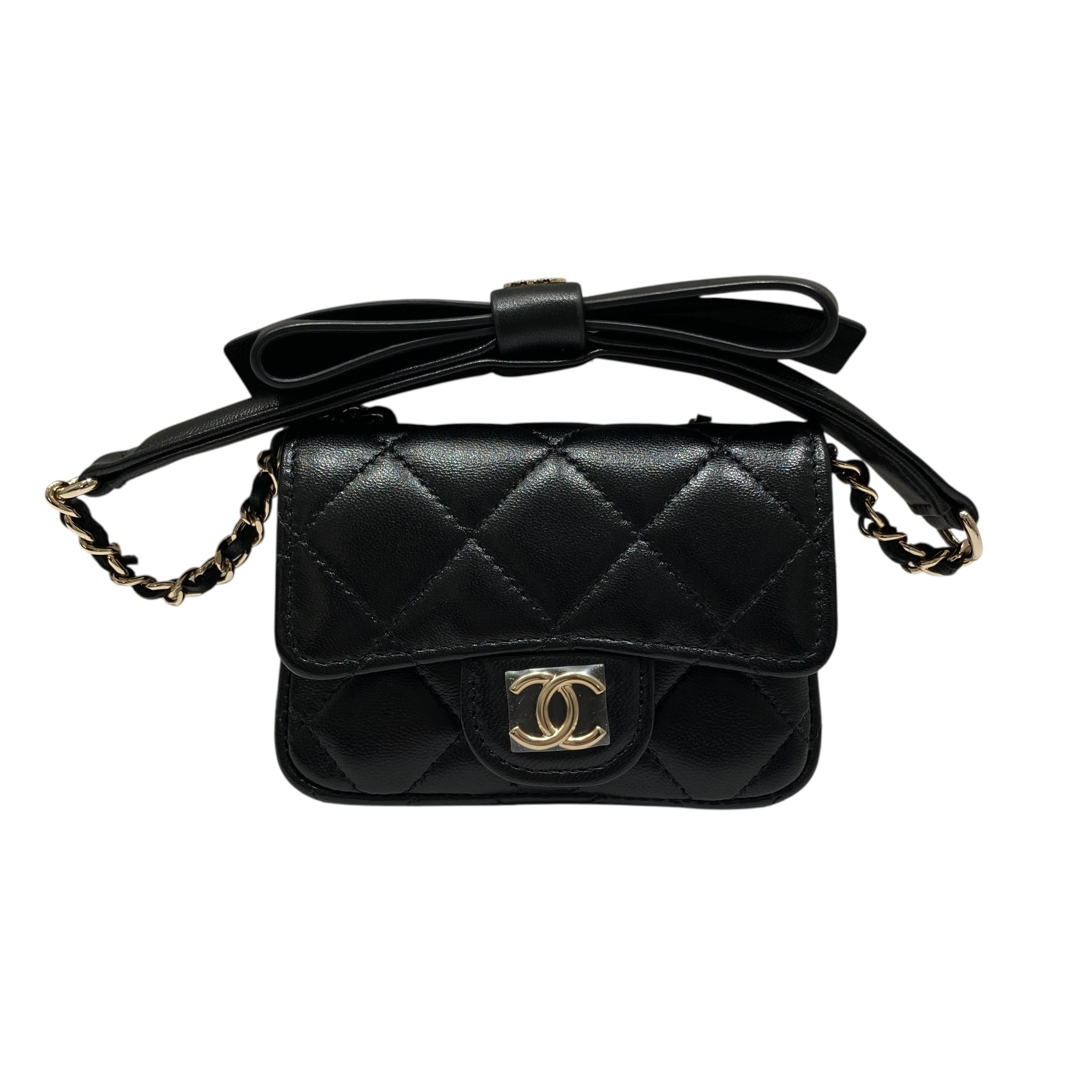 CHANEL 香奈兒 CLASSIC BOW CHAIN BELT BAG 蝴蝶結黑金皮鏈迷你卡片包 小羊皮 黑色 淺金釦