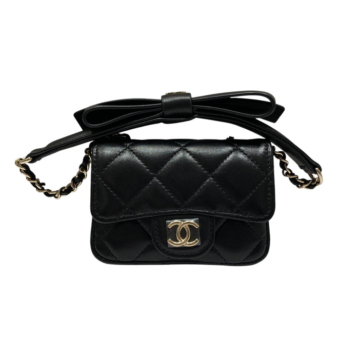 CHANEL 香奈兒 CLASSIC BOW CHAIN BELT BAG 蝴蝶結黑金皮鏈迷你卡片包 小羊皮 黑色 淺金釦