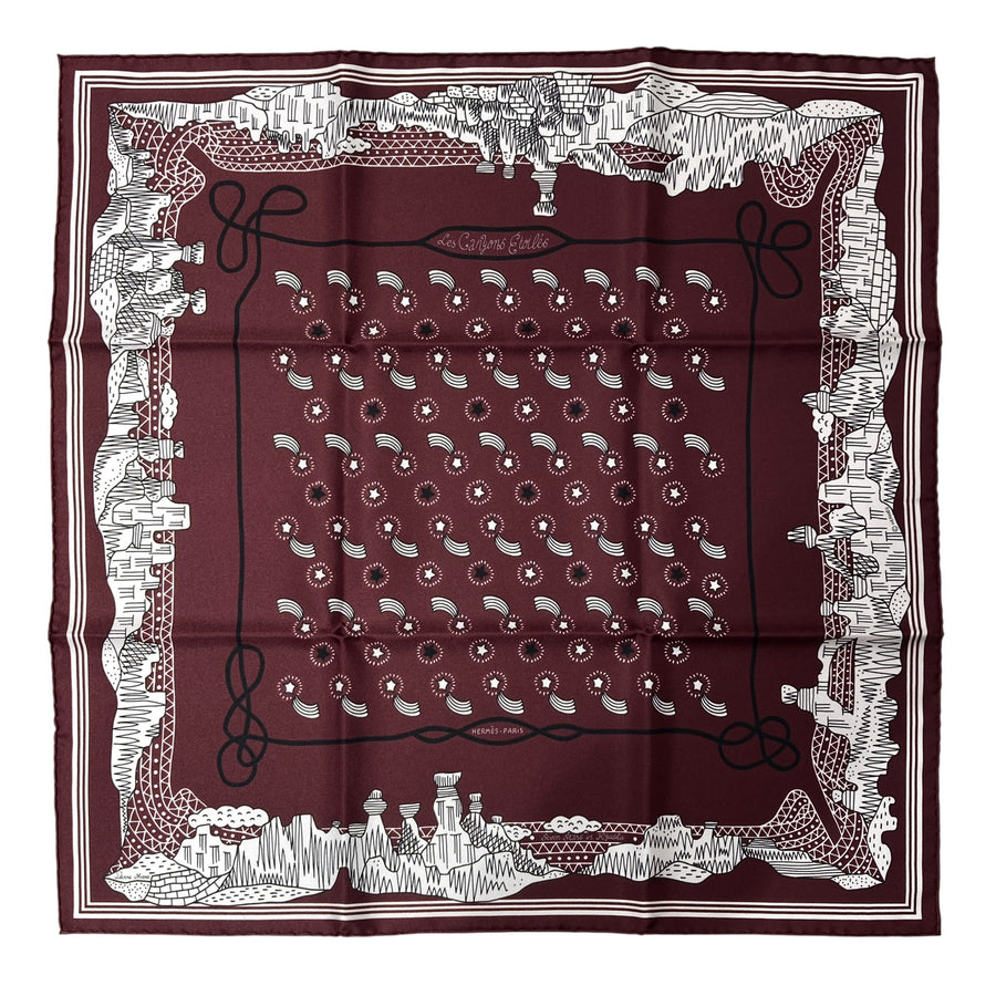 HERMÈS 愛馬仕 LES CANYONS ÉTOILÉS 絲巾 酒紅色 絲綢
