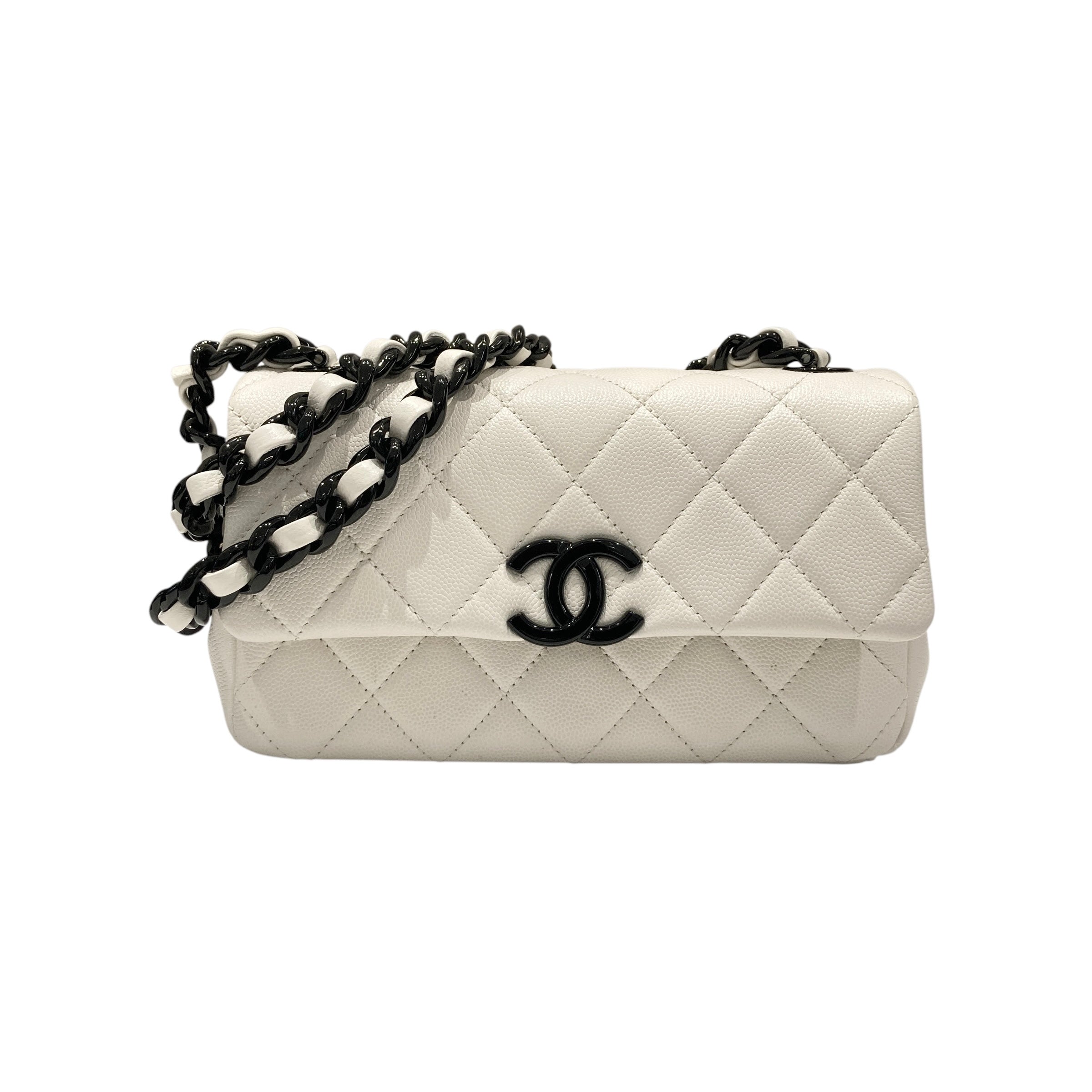 CHANEL 香奈兒  AS2302 CHAIN WITH FLAP BAG 20 熊貓翻蓋包 荔枝牛皮 白色 黑釦