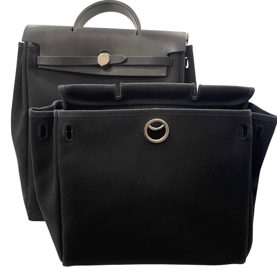 HERMES 愛馬仕 HERBAG 31 兩用後背包 帆布/皮革 黑色 銀扣