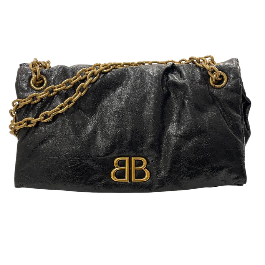 BALENCIAGA 巴黎世家 765945 MONACO MEDIUM 鍊條肩背包 中號 皮革 黑色 金釦