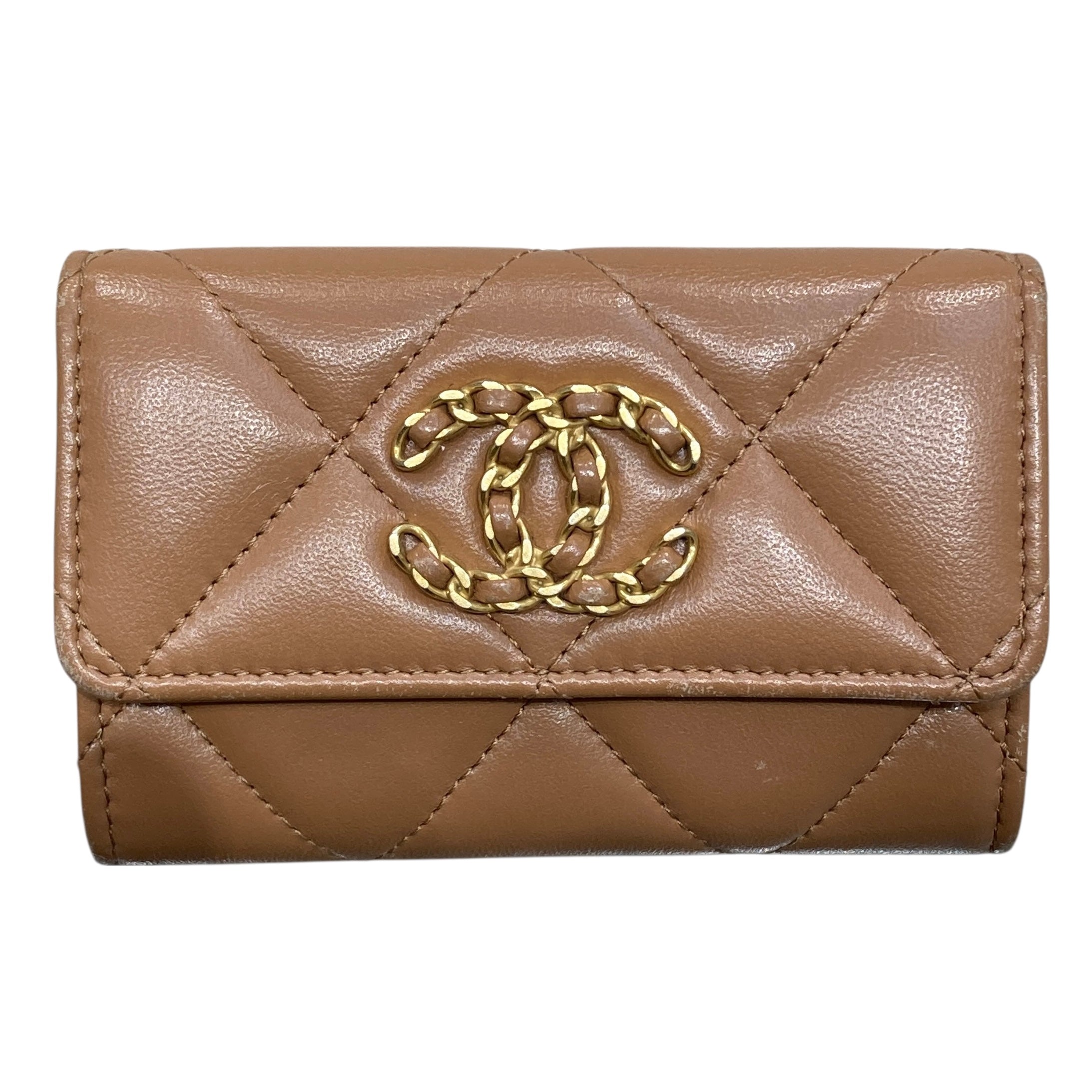 CHANEL 香奈兒 CHANEL19 羊皮 卡片夾 奶茶色 金釦