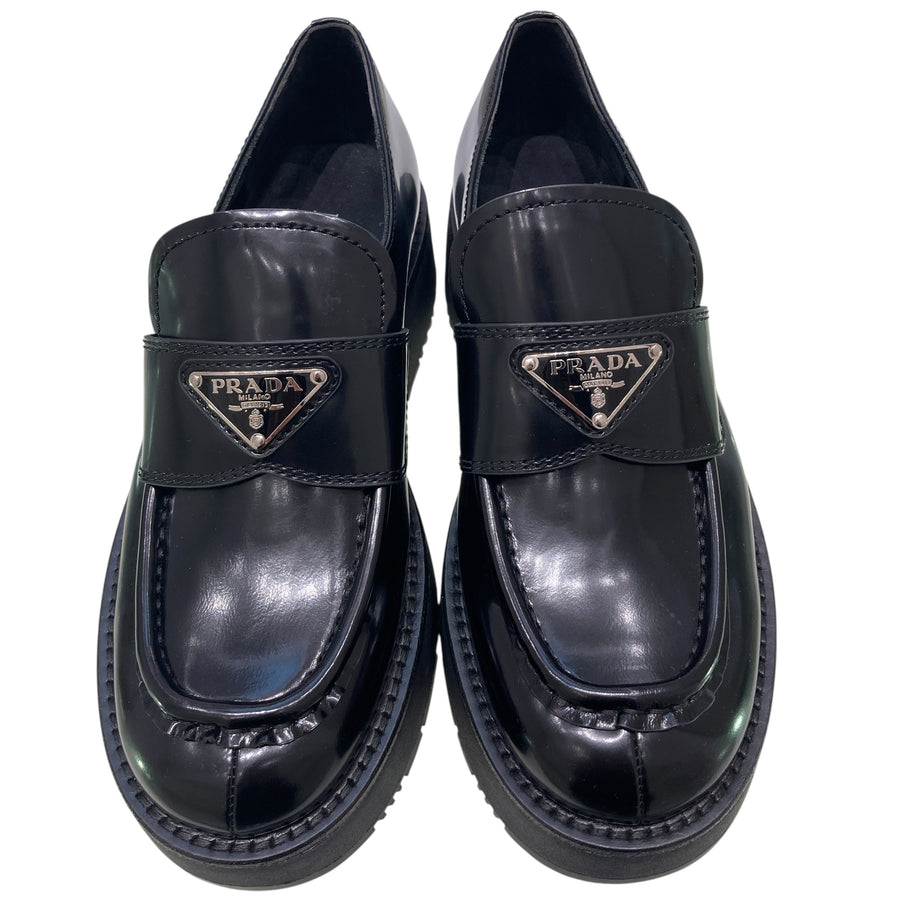 PRADA 普拉達 1D246M CHOCOLATE BRUSHED LEATHER LOAFERS 樂福鞋 拋光皮革 黑色