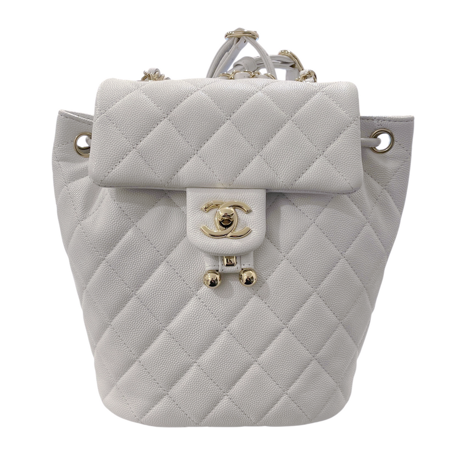 CHANEL 香奈兒 後背包 荔枝牛皮 白色 金扣