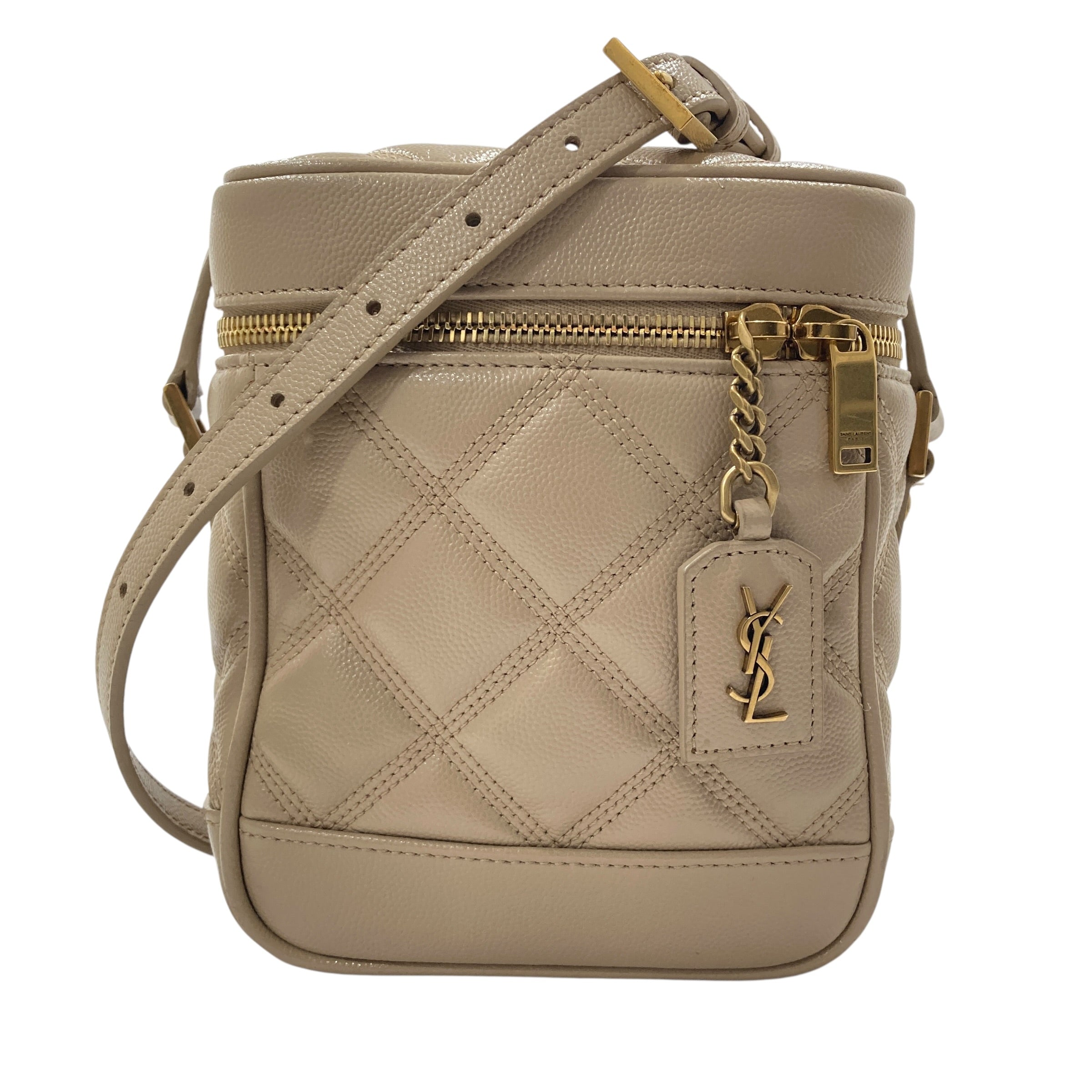 SAINT LAURENT 聖羅蘭 80'S VANITY BAG 魚子醬皮 斜背包 奶茶色 金釦