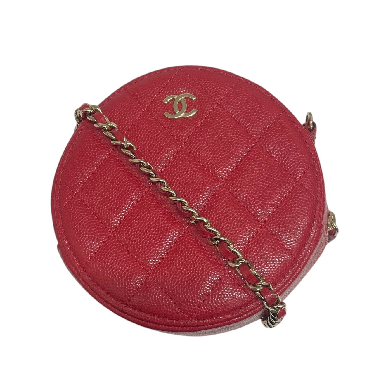 CHANEL 香奈兒 AP0245 MATELASSE ROUND MINI 圓餅包 荔枝皮 紅色 金釦