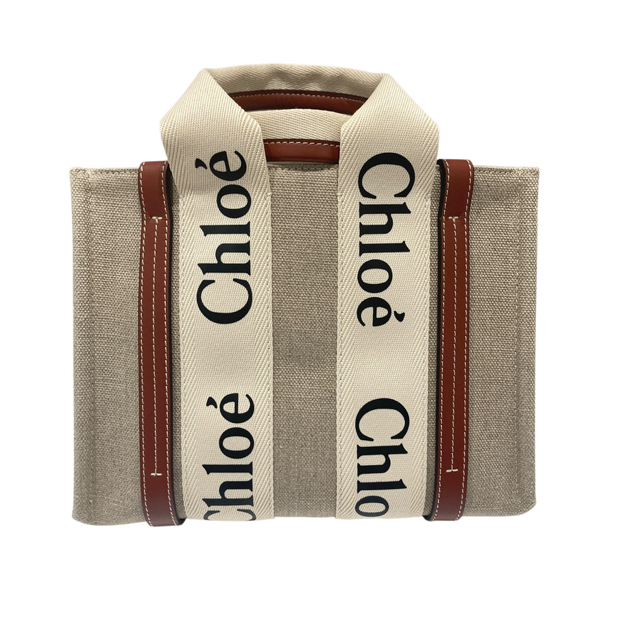 CHLOE 克羅伊 WOOHDY 2 WAY BAG 小號肩背手提兩用包 帆布/小牛皮 淺褐色 銀釦