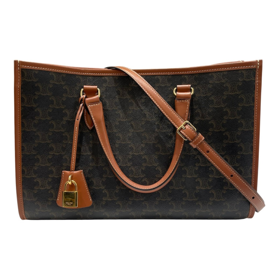 CELINE 賽琳 MINI HORIZONTAL CABAS 兩用托特包 PVC帆布 棕色 金釦