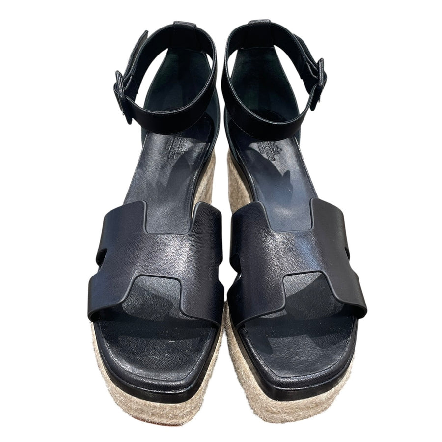 HERMES 愛馬仕 SEMELLE CUIR 楔型涼鞋 黑色 38碼