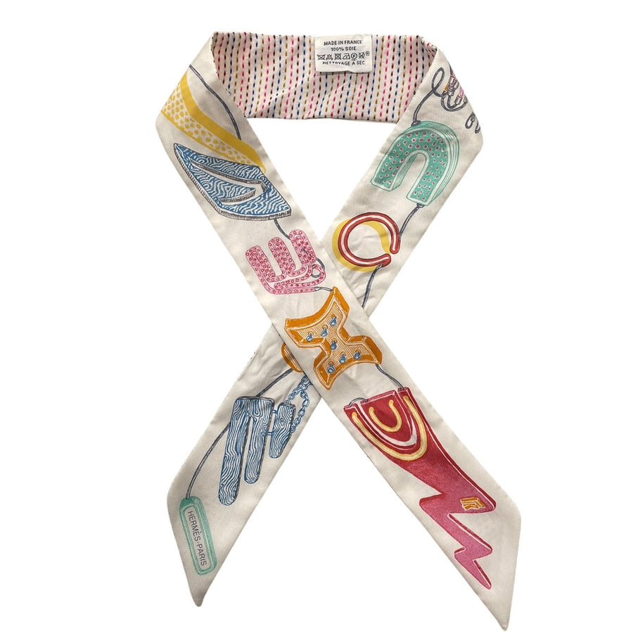 HERMES 愛馬仕 CHEVALOSCOPE POINTILLE TWILLY 絲巾 真絲 白色系
