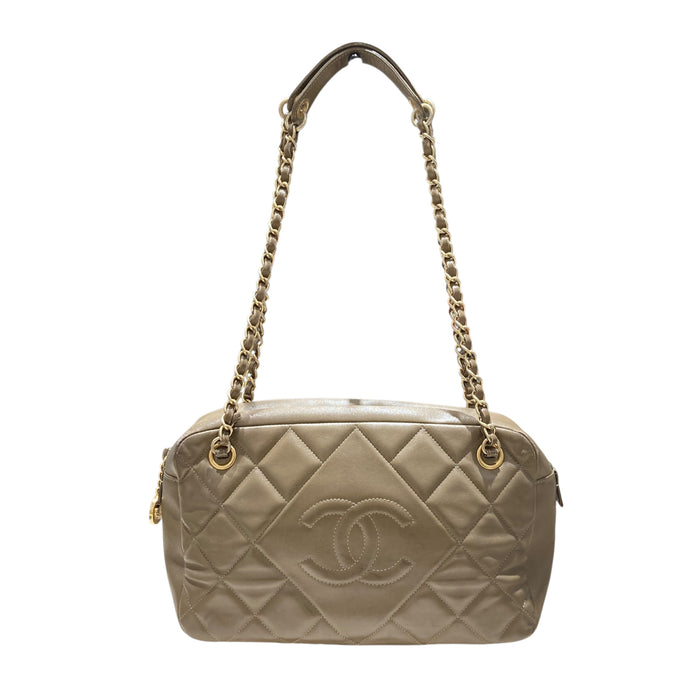 CHANEL 香奈兒 VINTAGE QUILTED DIAMOND CAMERA BAG 復古雙C相機包 小羊皮 灰棕色 金釦