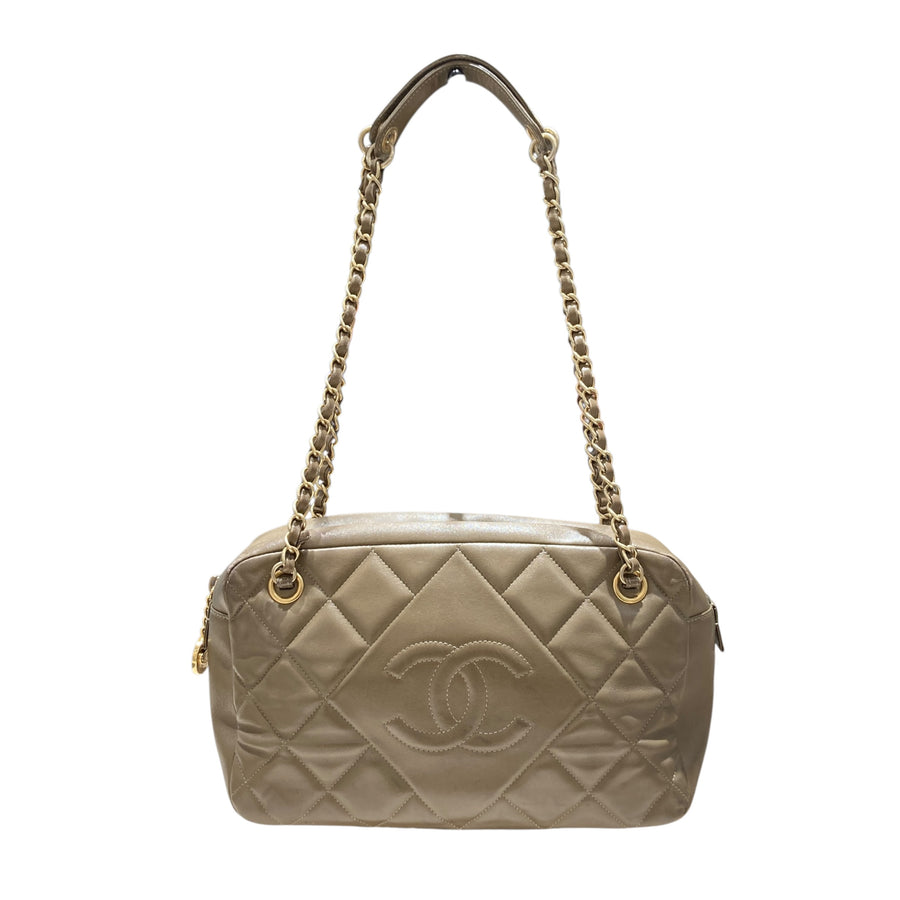 CHANEL 香奈兒 VINTAGE QUILTED DIAMOND CAMERA BAG 復古雙C相機包 小羊皮 灰棕色 金釦