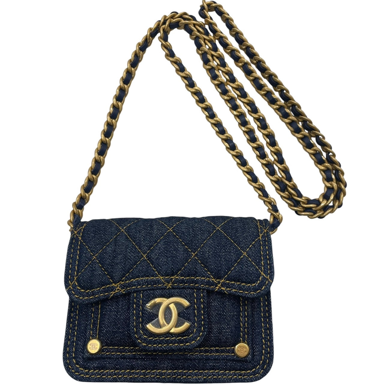 CHANEL 香奈兒 AP3349 迷你丹寧鍊條包 丹寧布 深藍色 金釦