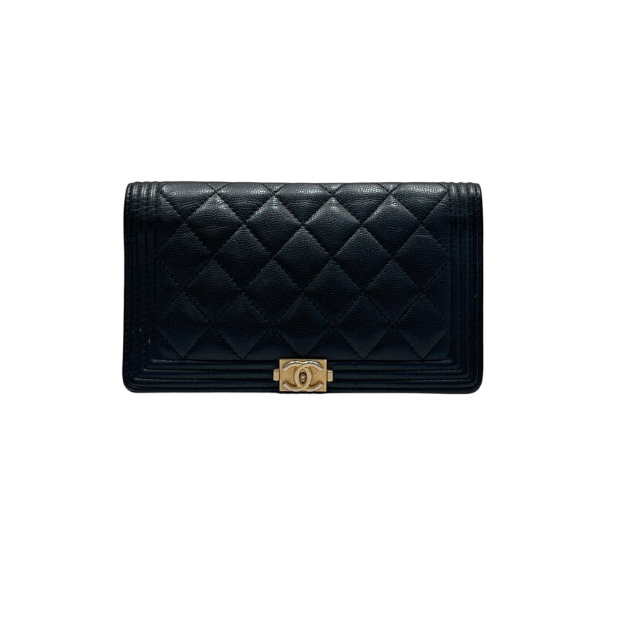 CHANEL 香奈兒 BOY LONG FLAP WALLET 長夾 荔枝牛皮 黑色 金釦