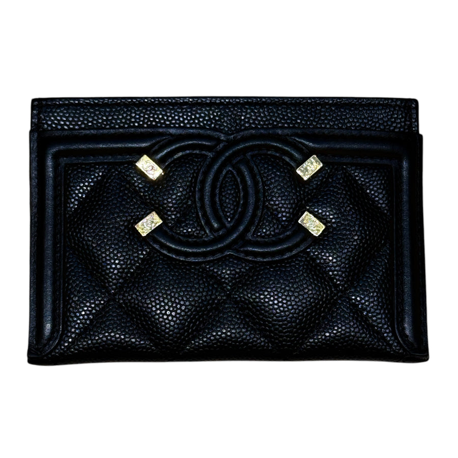 CHANEL 香奈兒 A81457 CC Filigree 荔枝牛皮 卡片夾 黑色 但金釦