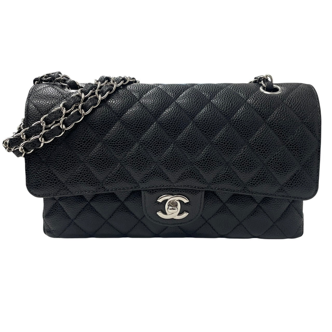 CHANEL 香奈兒 MATELASSE CF25 25公分口蓋包 荔枝牛皮 黑色 銀釦