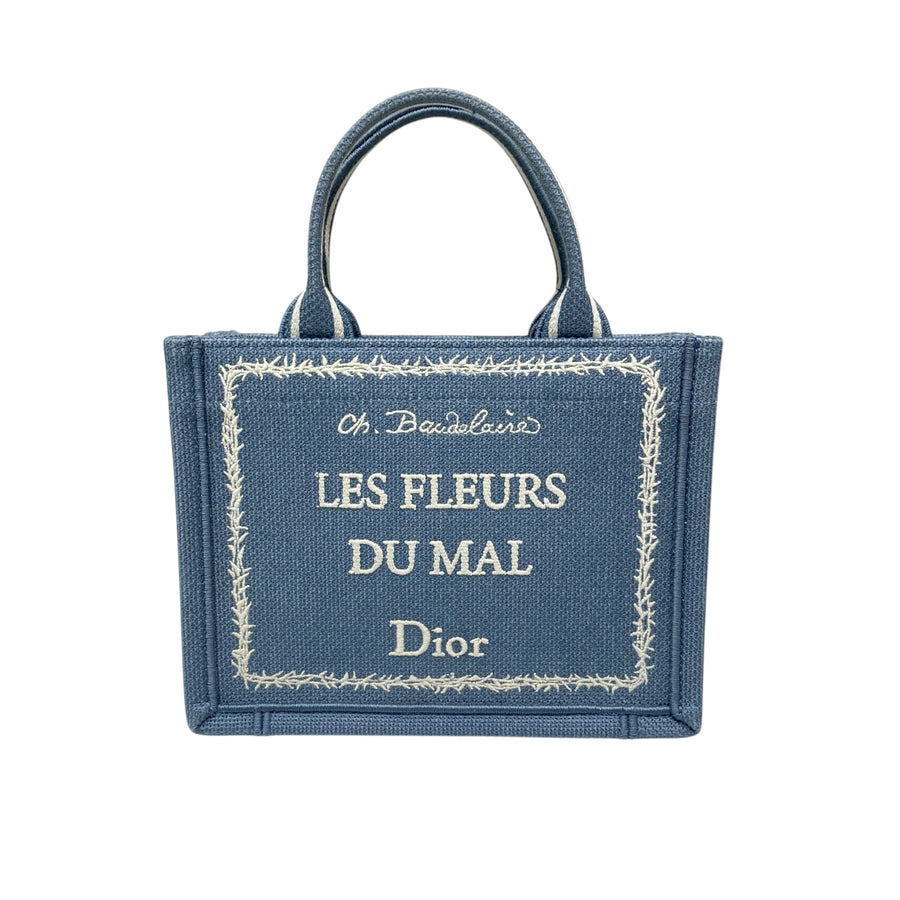 DIOR 迪奧 2026夏季 EMBROIDERY "LES FLEURS DU MAL" MINI BOOK TOTE 刺繡手提肩背包 帆布 藍色 銀釦