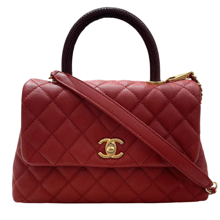 CHANEL 香奈兒 COCO HANDLE 手提兩用包 荔枝牛皮 紅色系 金釦