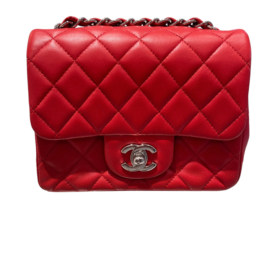 CHANEL香奈兒 MINI SQUARE CLASSIC FLAP BAG 紅色 羊皮 銀釦