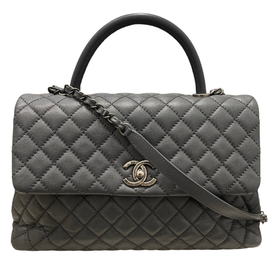 CHANEL 香奈兒 COCO HANDLE 手提兩用包 荔枝牛皮 深灰色 銀釦