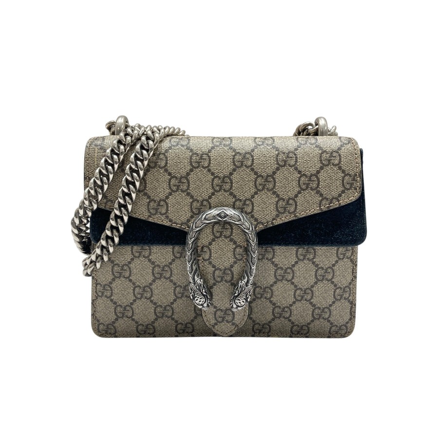 GUCCI 古馳 DIONYSUS MINI SHOULDER BAG 迷你老花酒神翻蓋包 PVC帆布絨布 棕色 銀釦