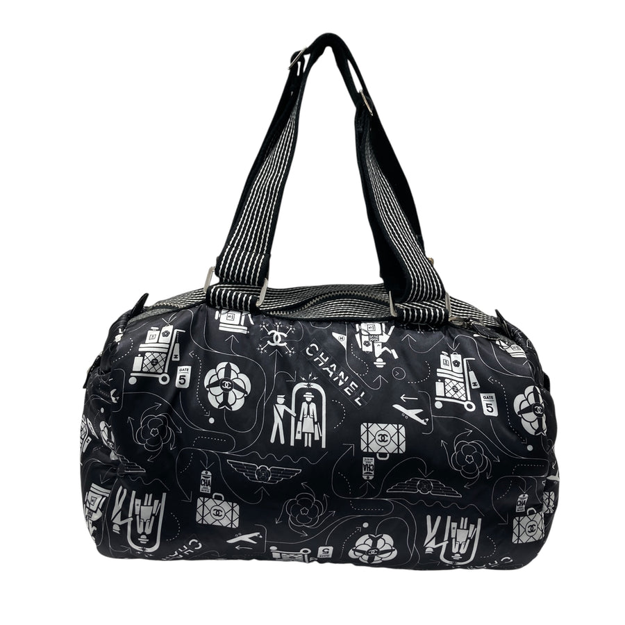 CHANEL 香奈兒 AIRLINE TRAVEL BOSTON BAG 航空系列波士頓包 尼龍 黑色 銀釦