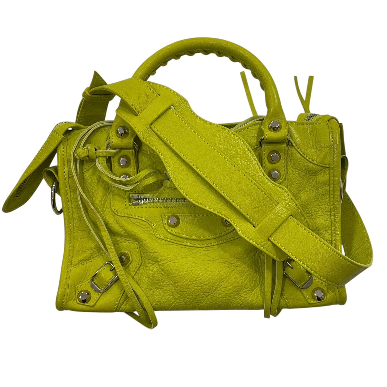 BALENCIAGA 巴黎世家 THE CITY MINI 迷你機車包 皮革 芥末黃 銀釦