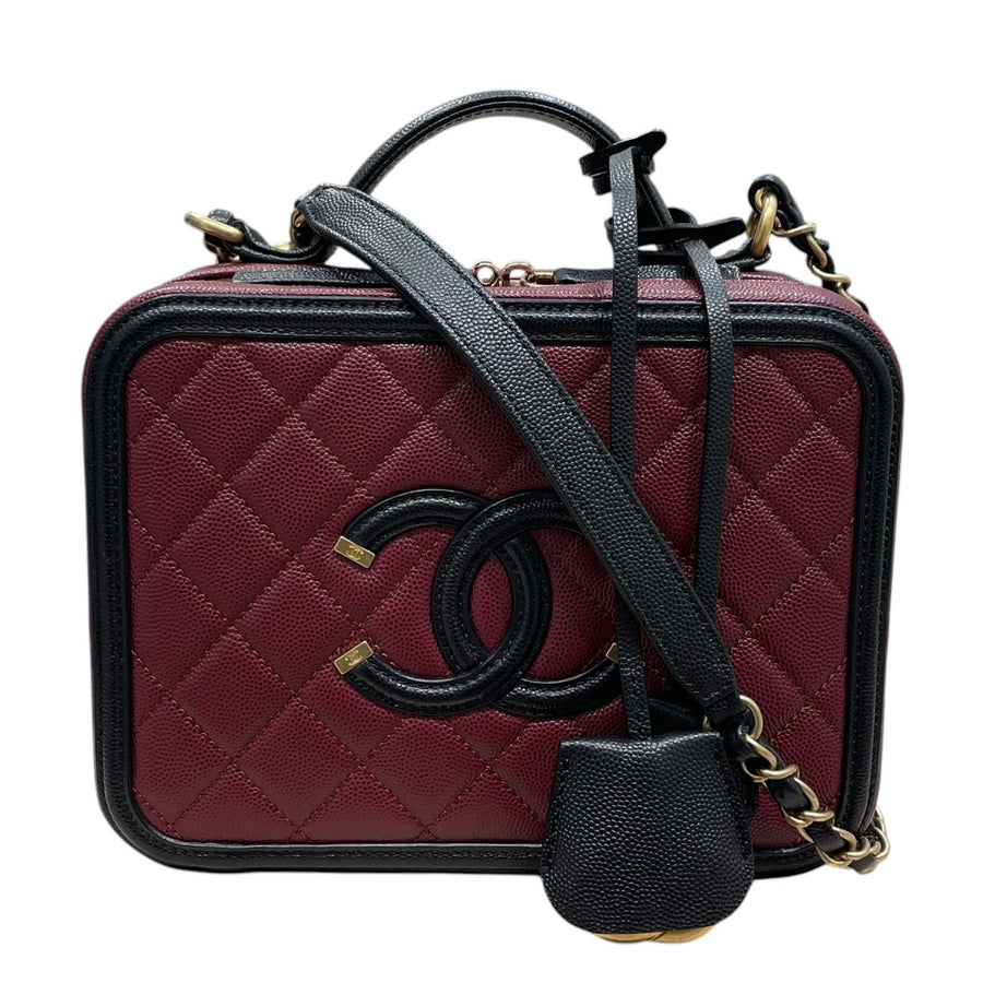 CHANEL 香奈兒 A93343 CC FILIGREE VANITY CASE 復古箱包 荔枝牛皮 酒紅色 金釦