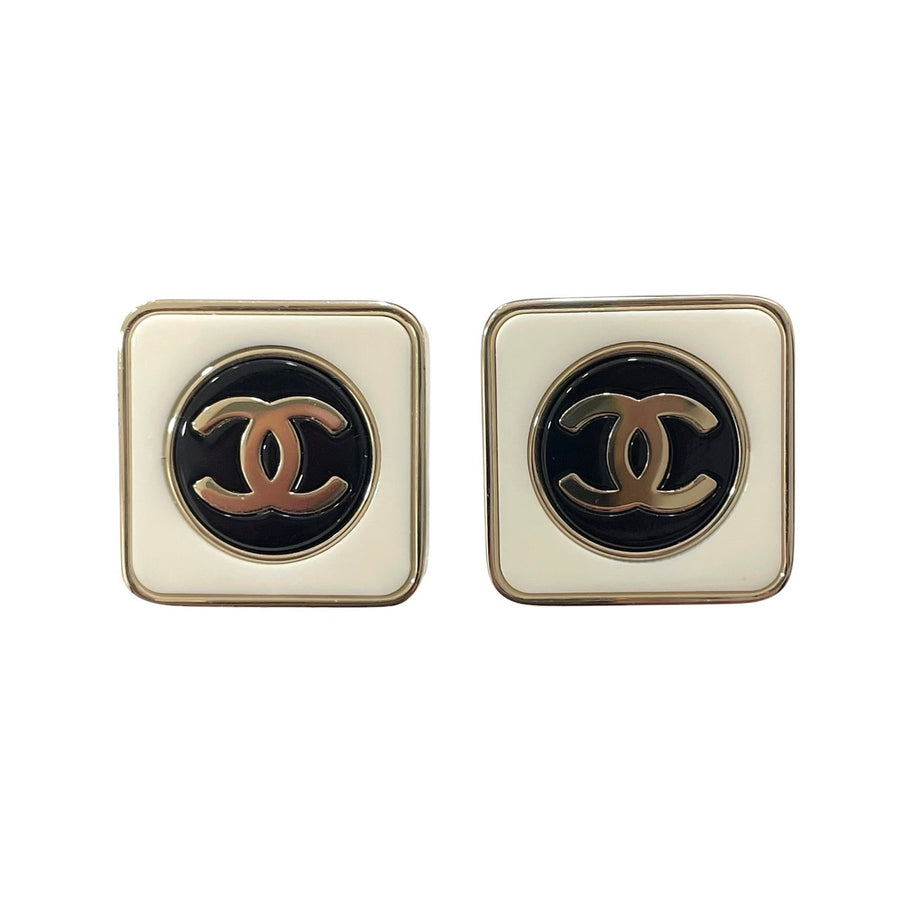 CHANEL 香奈兒 B23C 黑白方形針式耳飾 合金 黑白色 金釦