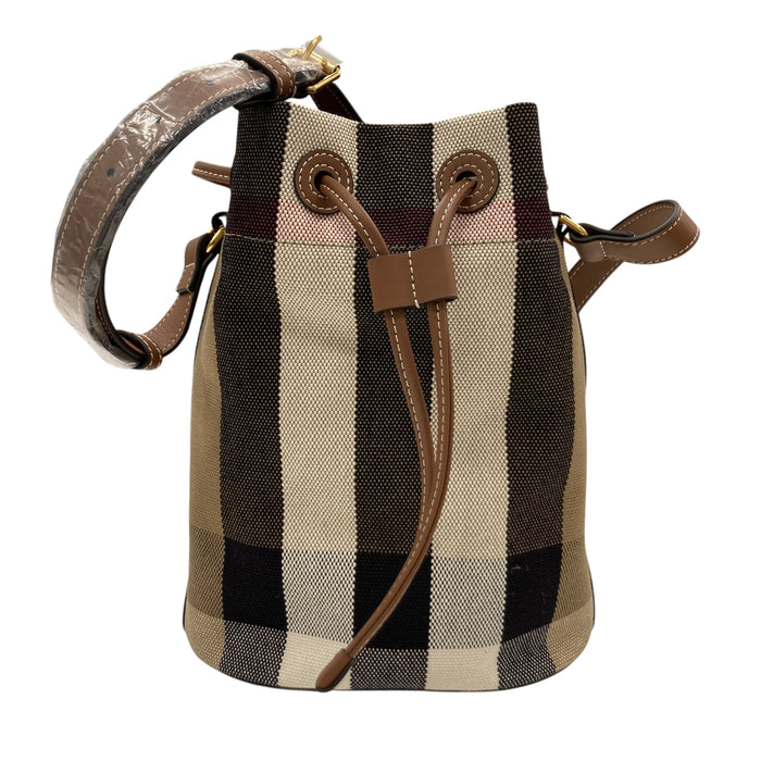 BURBERRY 博柏利 8084045 CHECK CANVAS SMALL BUCKET BAG 經典格紋棉質小號水桶包 灰褐色格紋/棕色
