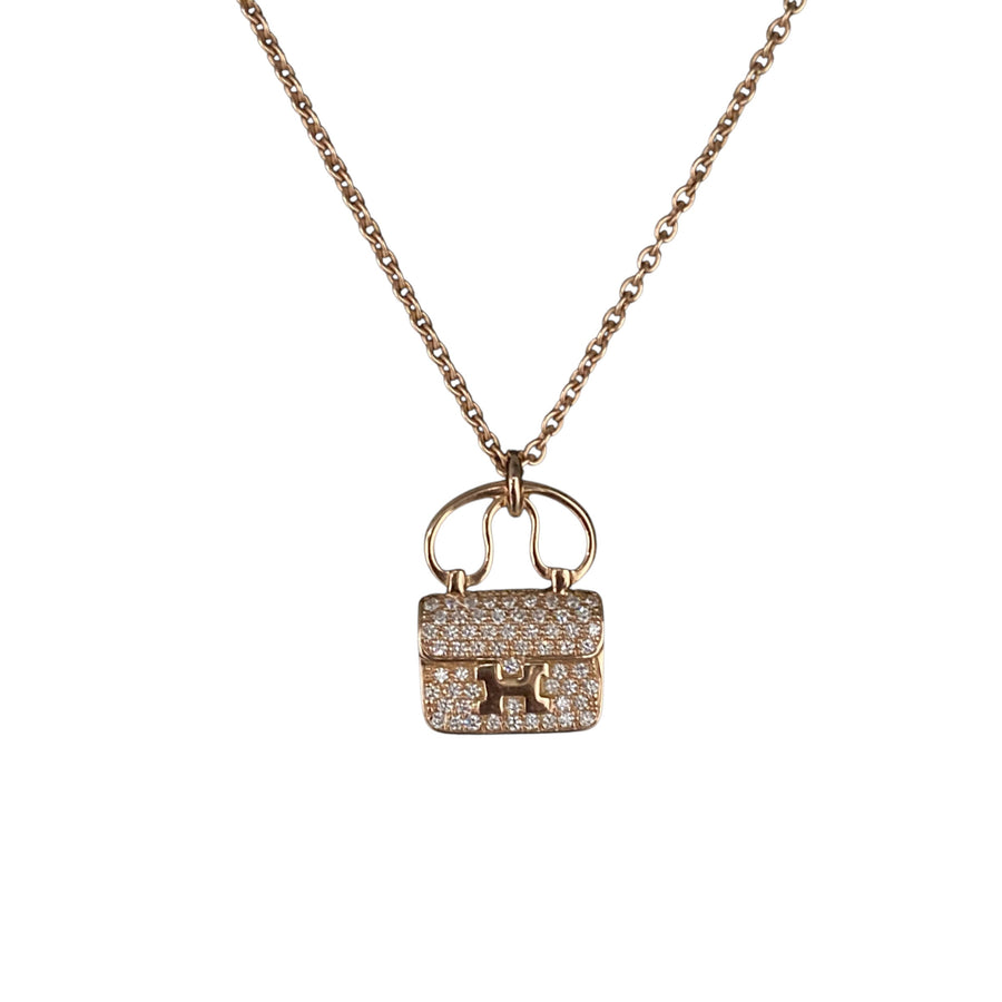 HERMES 愛馬仕 AMULETTES CONSTANCE PENDANT NECKLACE 康康滿鑽項鍊 18K 米金色