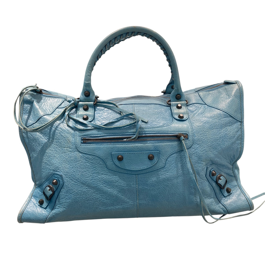 BALENCIAGA 巴黎世家 CLASSIC WORK 藍色 皮革 深灰釦
