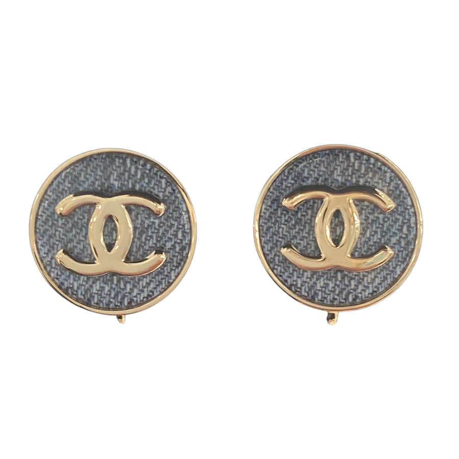 CHANEL 雙C牛仔藍 夾式耳環