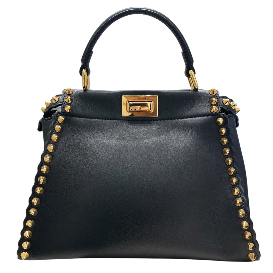 FENDI 芬迪 PEEKABOO MINI 鉚釘手拿肩背包 8BN244 皮革 黑色 金釦