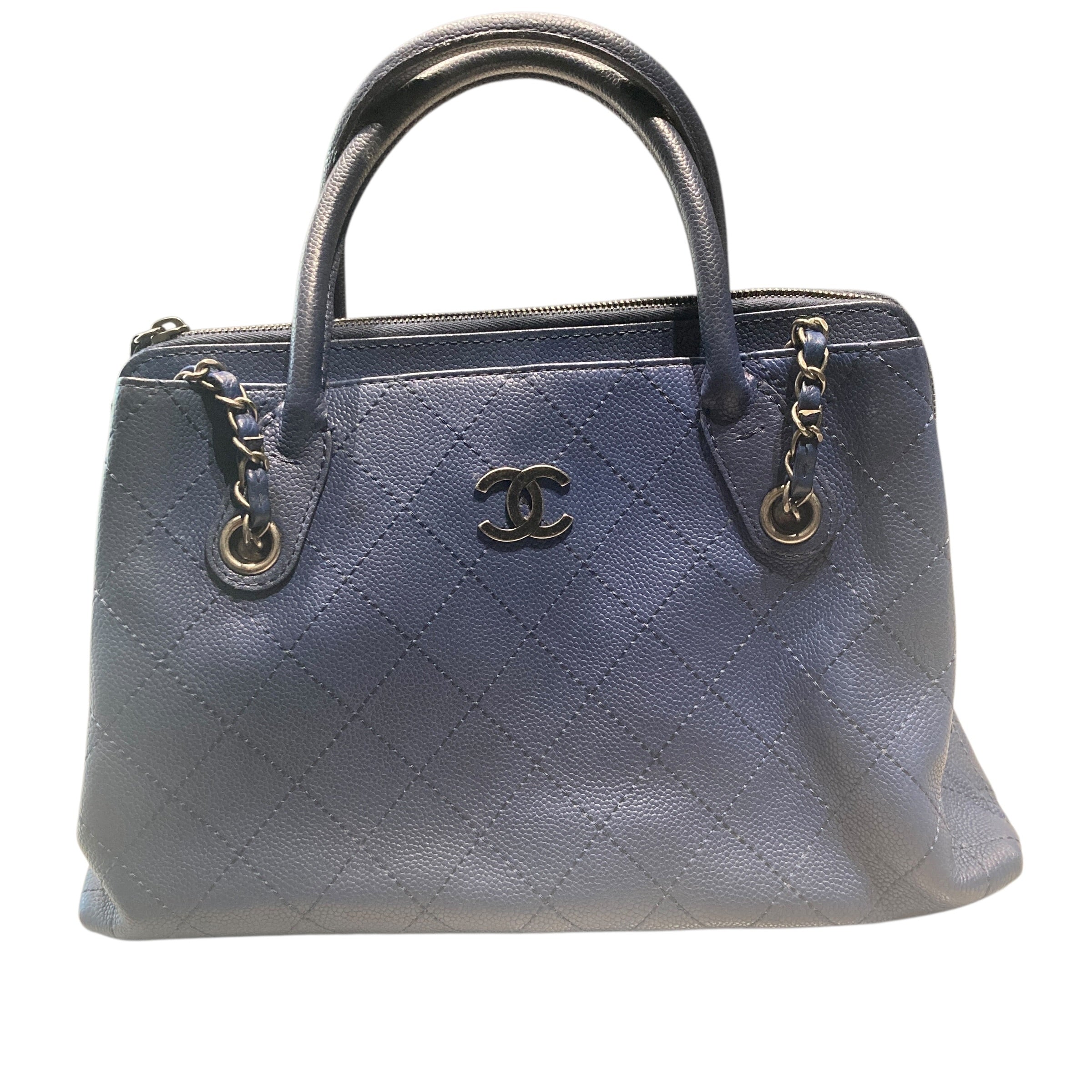 CHANEL 香奈兒 2WAY BAG 深藍色 荔枝皮 銀釦