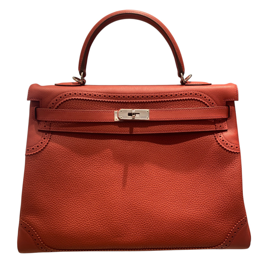 HERMÈS 愛馬仕 KELLY 35 GHILLIES RETOURNE 紅色 牛皮 銀扣