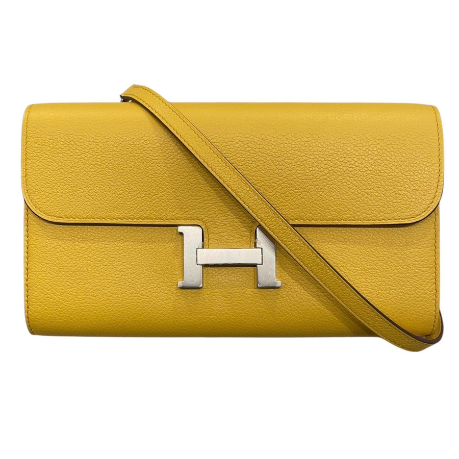 HERMES 愛馬仕 CONSTANCE TOGO 肩背長夾 EVERCOLOR 黃色 銀釦