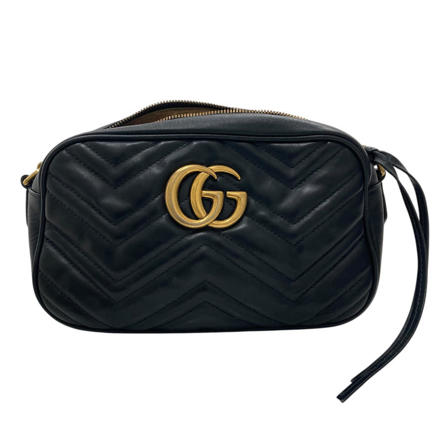 GUCCI 古馳 GG Marmont 黑色牛皮斜背相機包 SMALL 金釦