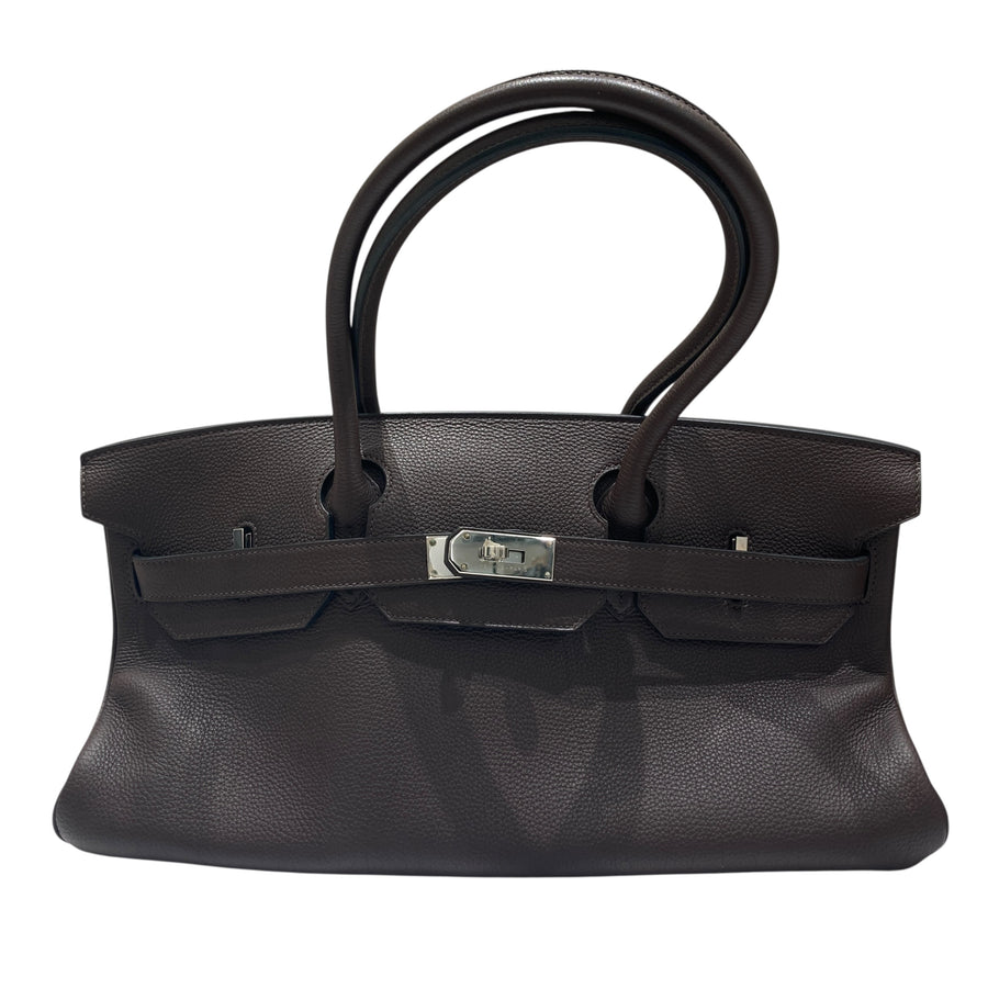 HERMES 愛馬仕 □O刻 SHOULDER BIRKIN 42 肩背包 牛皮 烏木色 銀釦