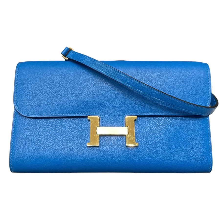 HERMES 愛馬仕 CONSTANCE TOGO 肩背康康長夾 皮革 藍色系 金釦 U刻