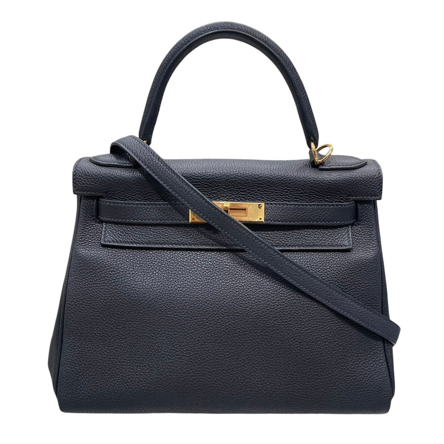 HERMES 愛馬仕 KELLY 28 內縫 手提包 皮革 深藍色 金釦