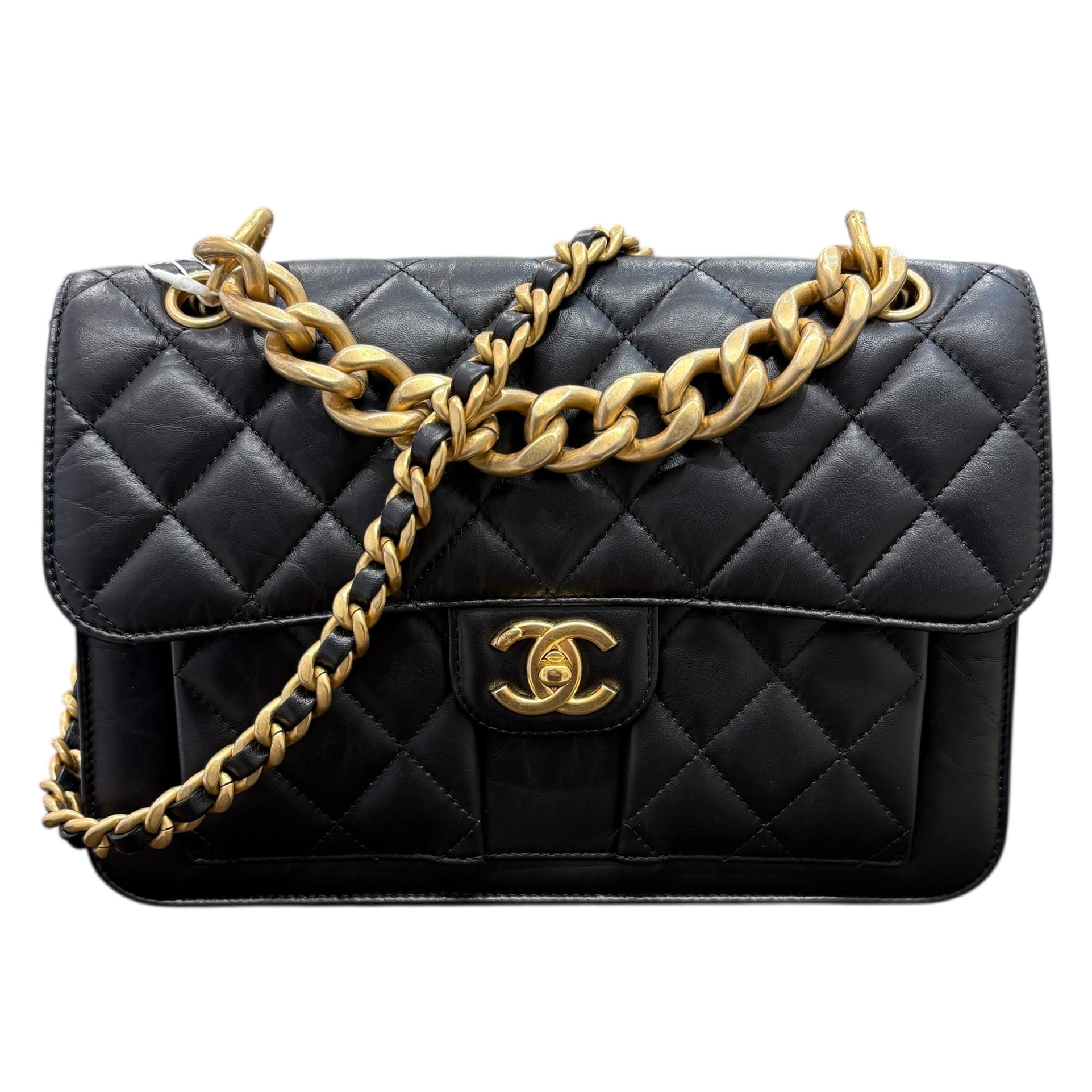 CHANEL 香奈兒 復古郵差包 皮革 黑色 金釦
