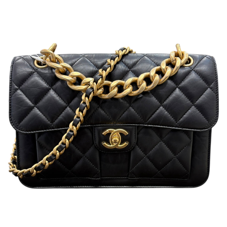 CHANEL 香奈兒 復古郵差包 皮革 黑色 金釦